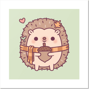 Cute Little Hedgehog Holding An Acorn Autumn Posters and Art